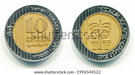 Israeli 10 New Shequalim Bimetallic coin 1995 year. The coin shows Palm tree between two baskets, Redemption of Zion, Israel Royalty-Free Stock Photo #1996544522