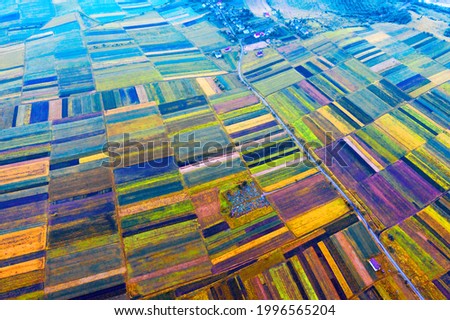 Eastern Europe, Ukraine, striped farm fields near the ancient city of Galich next to the large Dniester river, captured from a bird's eye view of a drone quadcopter.