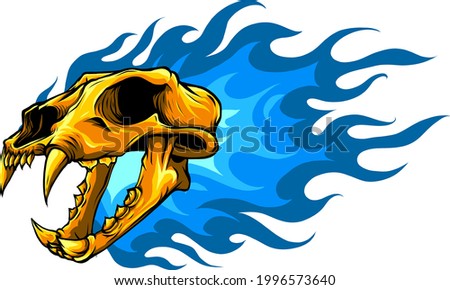 Vector illustration of gold tiger skull with flames