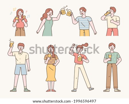 A collection of many people characters drinking beer. flat design style minimal vector illustration.