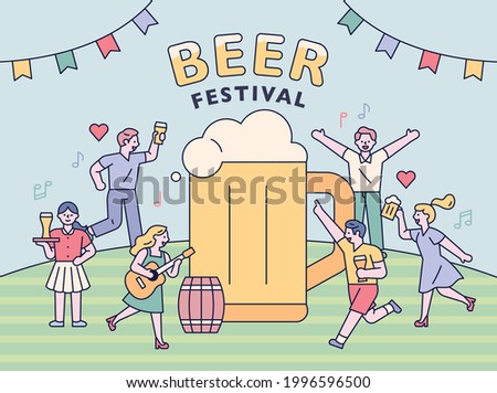 Beer festival poster. People are having fun drinking beer and partying around huge beer mugs. flat design style minimal vector illustration.