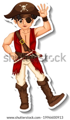Sticker template with a pirate man cartoon character isolated illustration