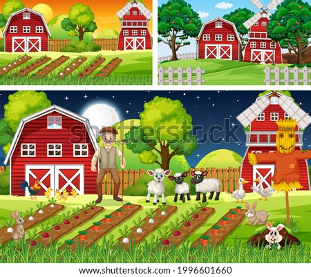 Different farm scenes with farm animals cartoon character illustration