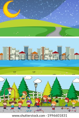 Set of different horizon scenes background with doodle kids cartoon character illustration