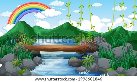 Stream flowing through the forest with mountain background and rainbow in the sky illustration