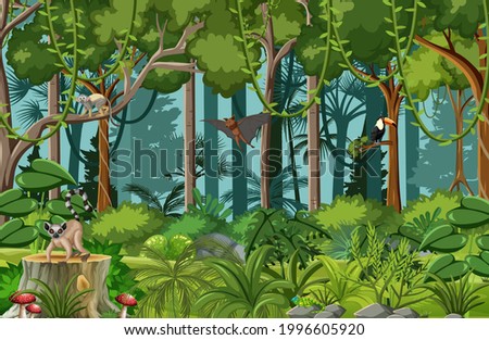 Tropical rainforest scene with various wild animals illustration