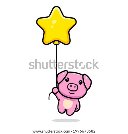 Cute pig floating with star balloon mascot character. Animal icon illustration