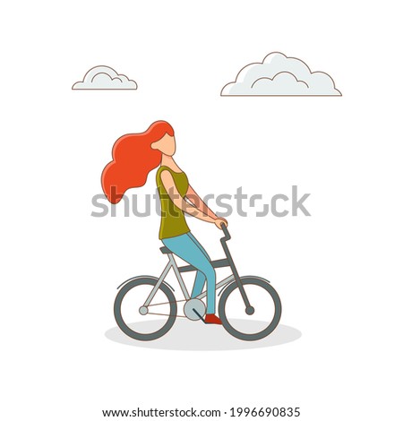 Young woman rides a bicycle. Vector illustration in flat style isolated on white background