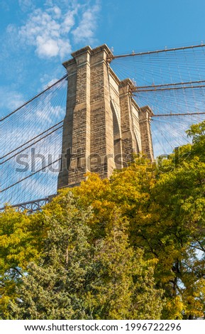 Beautiful side view of Brooklyn Bridge, detail on a sunny day.