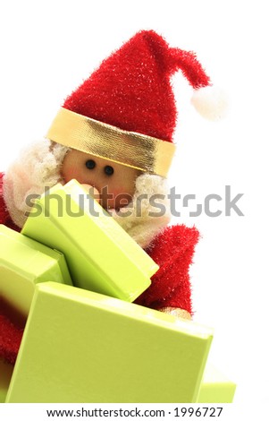 Christmas santa puppet with green presents