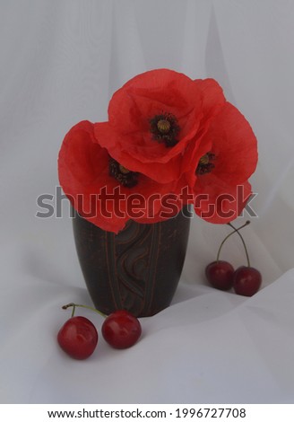 Red poppies with cherries on a white background