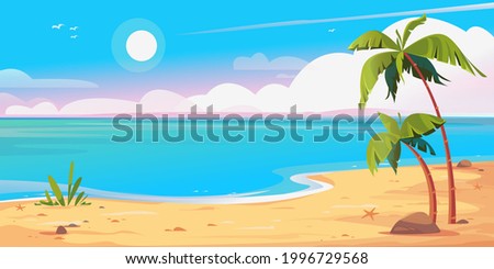 Deserted shore beach and palms banner. Beautiful vector illustration. Blue sky with sun and sandy shore with trees. Summer vacation by the sea. Rest in Thailand, Hawaii. Template for cartoon text.