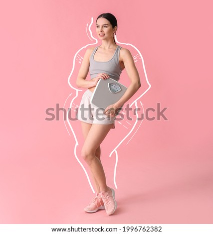 Beautiful young woman with measuring scales after weight loss on color background Royalty-Free Stock Photo #1996762382
