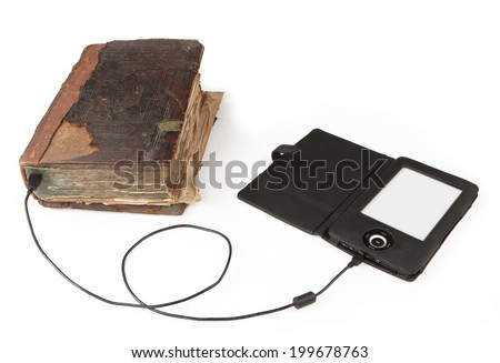 evolution of books: antique book connected with ebook isolated on white background