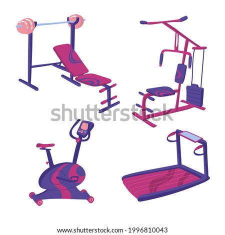 Sport Exercise equipment, exercise bike, treadmill, bench press, body solid. Isolated elements on white background. Vector illustration. Flat style. Gym, training, activities, lifestyle. Clip art.