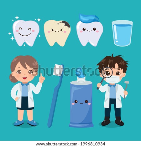 Cute female and male dentist. Oral care clip art. Flat vector cartoon design