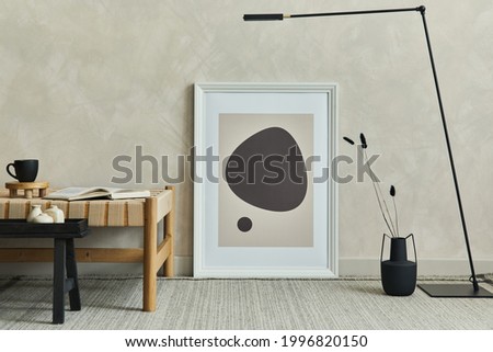 Stylish composition of cozy living room interior with mock up poster frame, chaise longue, black minimalistic lamp, black tiny coffee table and elegant personal accessories. Neutral wall. Template.
