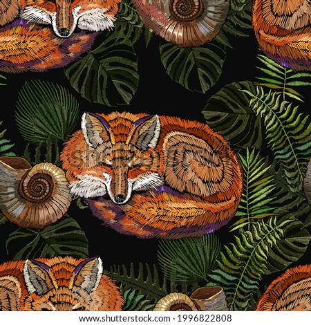 Embroidery sleeping fox and fern, seamless pattern. Magic forest. Fashionable template for design of clothes. Fairy tale art