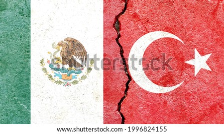 Mexico vs Turkey national flags grunge pattern isolated on broken cracked wall background, abstract Mexico Turkey politics relationship friendship divided conflicts concept texture wallpaper