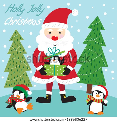 Cute christmas santa and penguins for christmas greeting card, gift bag or box design