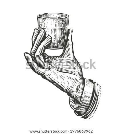 Hand holding a glass. Illustration drawn in vintage engraving style Royalty-Free Stock Photo #1996869962