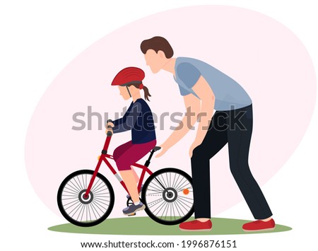 Father teaching daughter to ride a bike, family concept, flat vector illustration