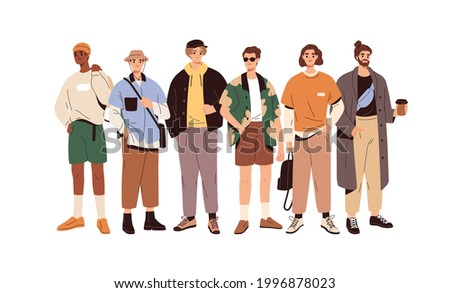 Group portrait of fashion men in modern trendy outfits. Young people wearing stylish casual summer clothes. Colored flat graphic vector illustration of fashionable man isolated on white background Royalty-Free Stock Photo #1996878023