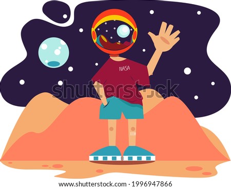 vector illustration. a man in space. the child is playing. helmet. astronaut. the sky, the stars, the earth.