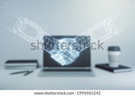 Creative abstract block chain technology hologram with handshake on modern computer background, cryptography and decentralization concept. Multi exposure