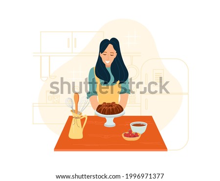 Young woman holding a chocolate cake. Vector hand drawn flat baking illustration. 