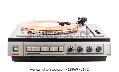 Vintage turntable record player with red vinyl isolated on white background.