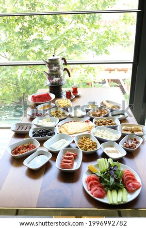 Healthy breakfast set in garden and table background. Delicious and healthy food concept. top view.