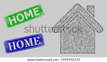 Carcass net mesh home model, and Home blue and green rectangular scratched watermarks. Carcass net mesh symbol is based on home icon. Stamps have Home caption inside rectangle form.
