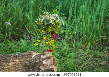 The bouquet of wild flowers on tree stump
