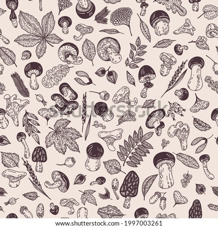 Fall forest berries, flower, branches, leaves are hand-draw, doodle graphic. Vector outline illustration. Autumn seamless pattern. Monochrome trendy Flat design. For Textile, Wallpaper, wrapping paper