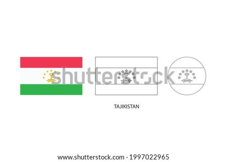 Tajikistan flag 3 versions, Vector illustration, Thin black line of rectangle and the circle on white background.