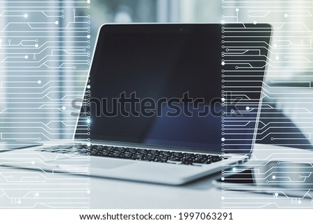 Creative abstract micro chip hologram on modern computer background, artificial intelligence and machine learning concept. Multi exposure