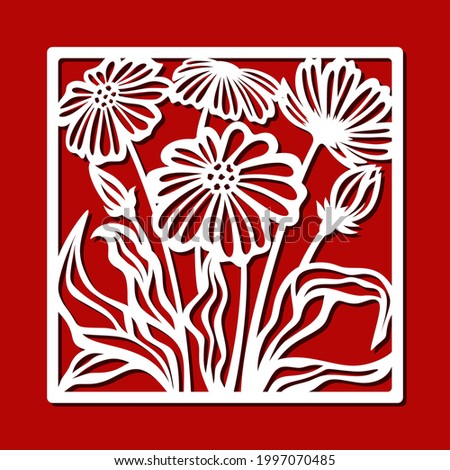 Square frame with a bouquet of flowers. Frame with buds, leaves, stems. The theme of nature, plants. Template for laser plotter cutting of paper, cardboard, plywood, metal, cnc. Vector illustration.