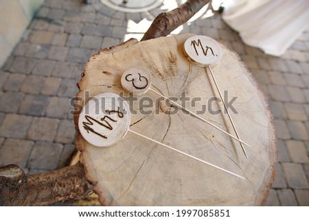 Mr and Mrs symbols on the tree for the bride and groom for a boho or rustic wedding photo shoot