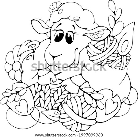 Vector Cartoon Sheep knitting with flowers. Cute doodle isolated black and white stock digital illustration for children coloring, books, kids fashion prints, cards, mugs or logo