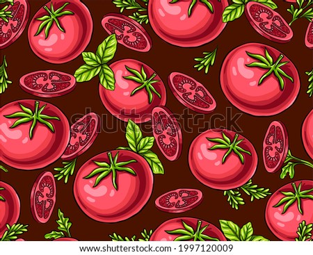 Delicious hand drawn vector red vegetables. Stylish seamless pattern with tomatoes. Mouth-watering print.
