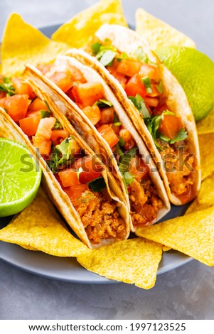 Mexican tacos and nacho chips on a plate. Tacos and tortilla chips on a gray background. Hispanic mexican food. Copy space