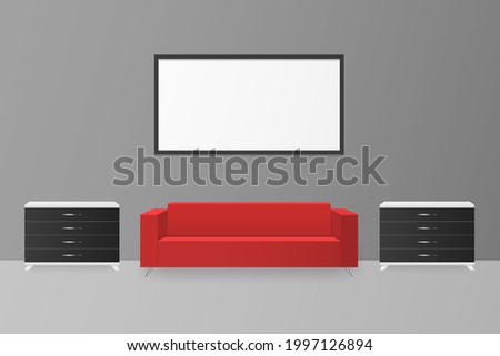 Modern 3D interior with red sofa and black white chest of drawers. Blank blackboard on gray wall.