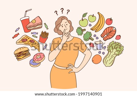 Dieting, healthy lifestyle, weight loss concept. Woman cartoon character standing choosing between healthy and unhealthy food Fastfood vs balanced menu vector illustration  Royalty-Free Stock Photo #1997140901