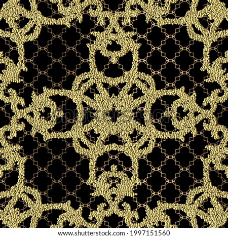 Textured luxury gold 3d seamless pattern. Grunge stippled lace backdround. Repeat vector dotted backdrop. Surface 3d texture. Glittery floral Baroque ornaments with golden stipples, dots, shapes. 