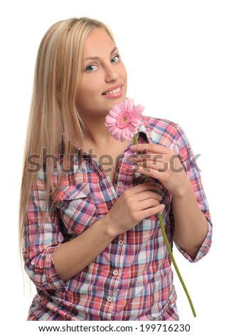 portrait of cute girl with flower isolated on white background