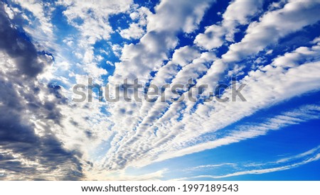 White cirrocumulus clouds blue sky background panorama, altocumulus cloudy skies panoramic view, stratocumulus cloud texture, cirrus cumulus cloudscape, sunny heaven landscape, cloudiness backdrop Royalty-Free Stock Photo #1997189543