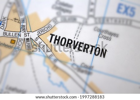 Thorverton village - Devon, United Kingdom colour atlas map town name