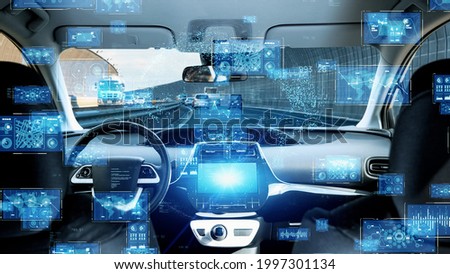 Cockpit of futuristic car concept. Autonomous car. Self driving vehicle. Autopilot. Royalty-Free Stock Photo #1997301134