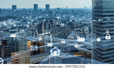 Modern city and communication network concept. Smart city. Digital transformation.